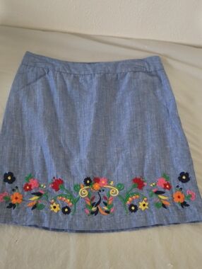 Talbots Chambray Blue A-Line Skirt with Multicolor Floral Embroidery